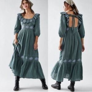 Free People Lovers Lane Maxi Dress Green Blue Embroidered Ruffle 3/4 Sleeve S
